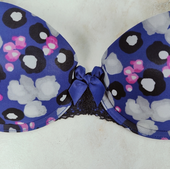 DKNY Blue Pink Black Floral Lace Light Lift Push Up Underwire Bra, Sz 34B - Picture 2 of 9
